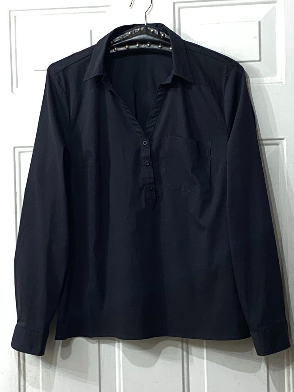 Cache Sz 40 (US M) Womens Black Blouse Shirt Popover Long Sleeve Pocket Stretch